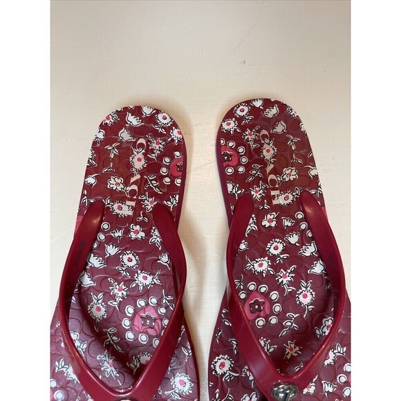 Coach Abigail Red Floral Flip Flops 7-8 - Picture 3 of 15